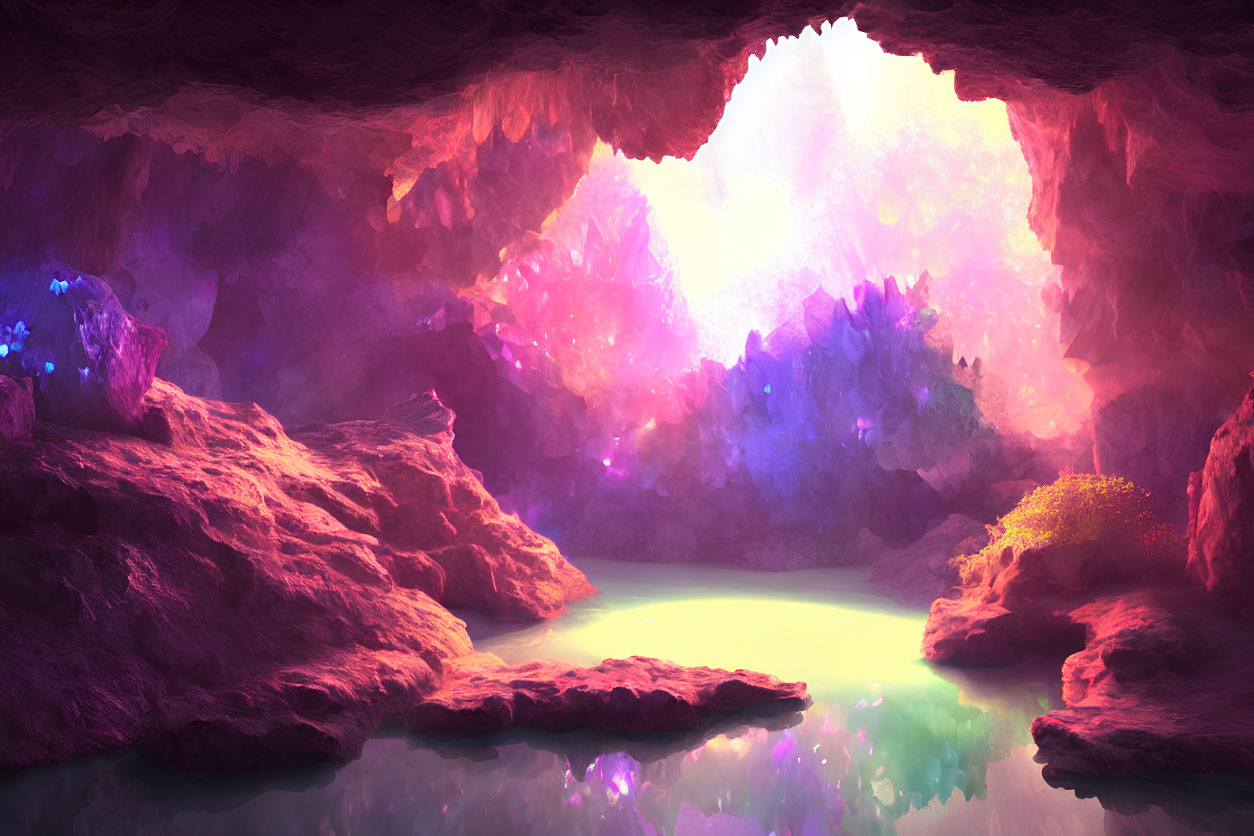 Fantasy Cave with Radiant Opening and Crystal Formations