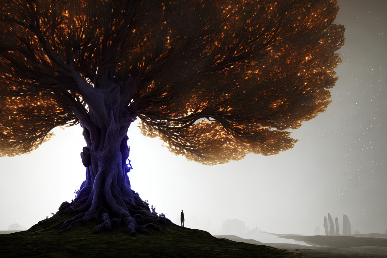 Fantastical tree with glowing leaves in otherworldly landscape