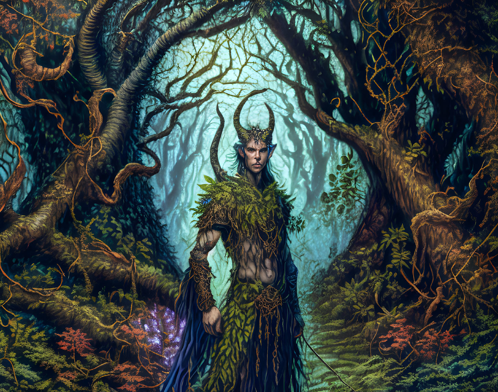 Mystical figure with horns in enchanting forest with glowing pathway