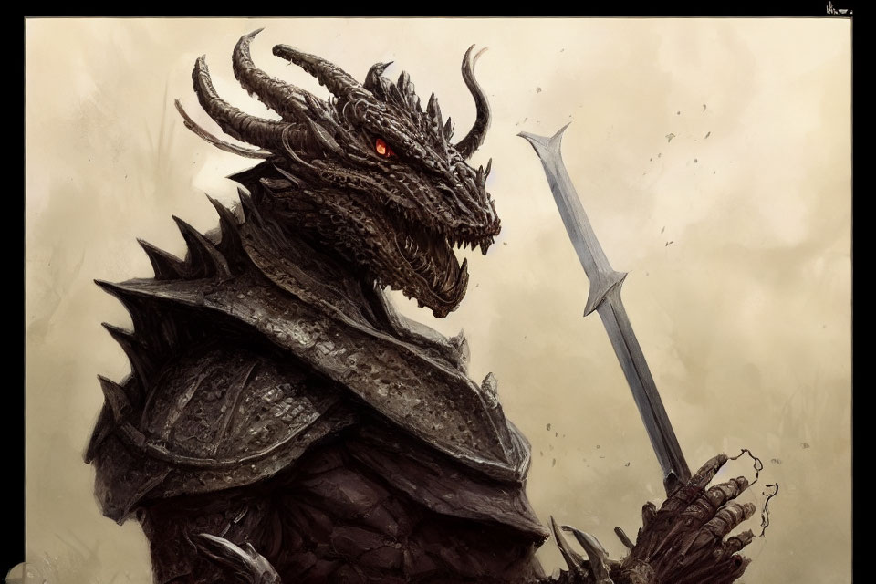 Dragon creature in armor with large sword and red eyes