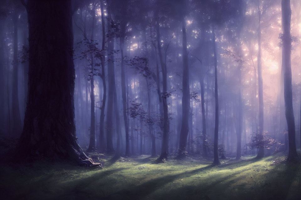 Tranquil forest scene with purple light filtering through trees