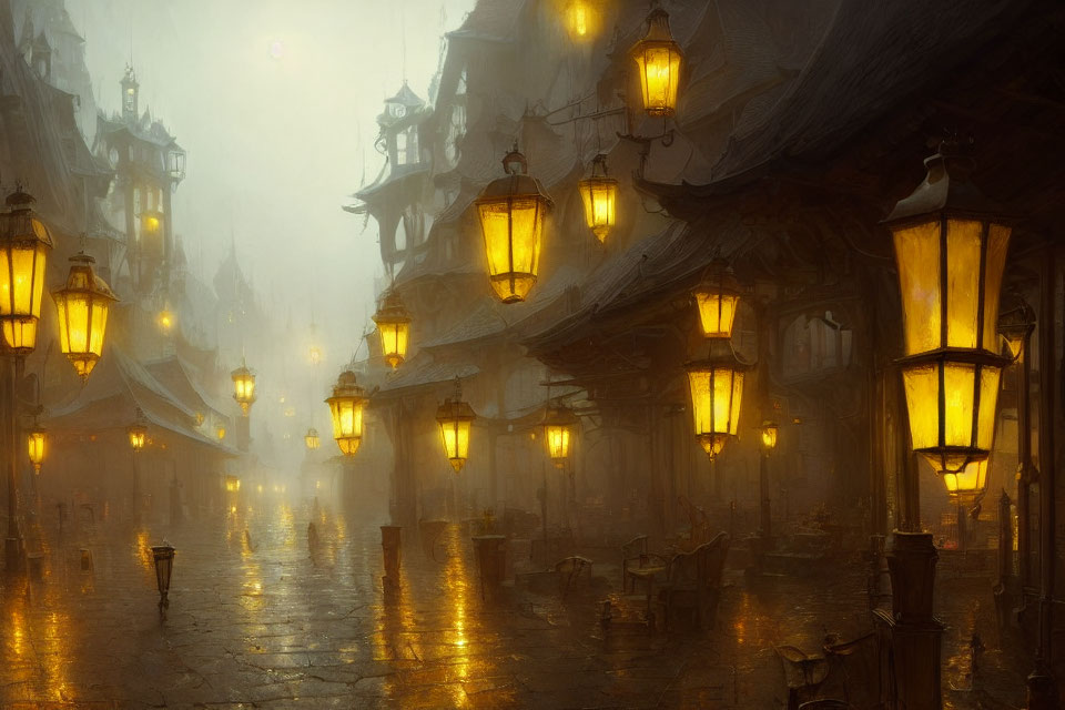 Historical European cityscape with glowing lanterns on misty cobblestone street