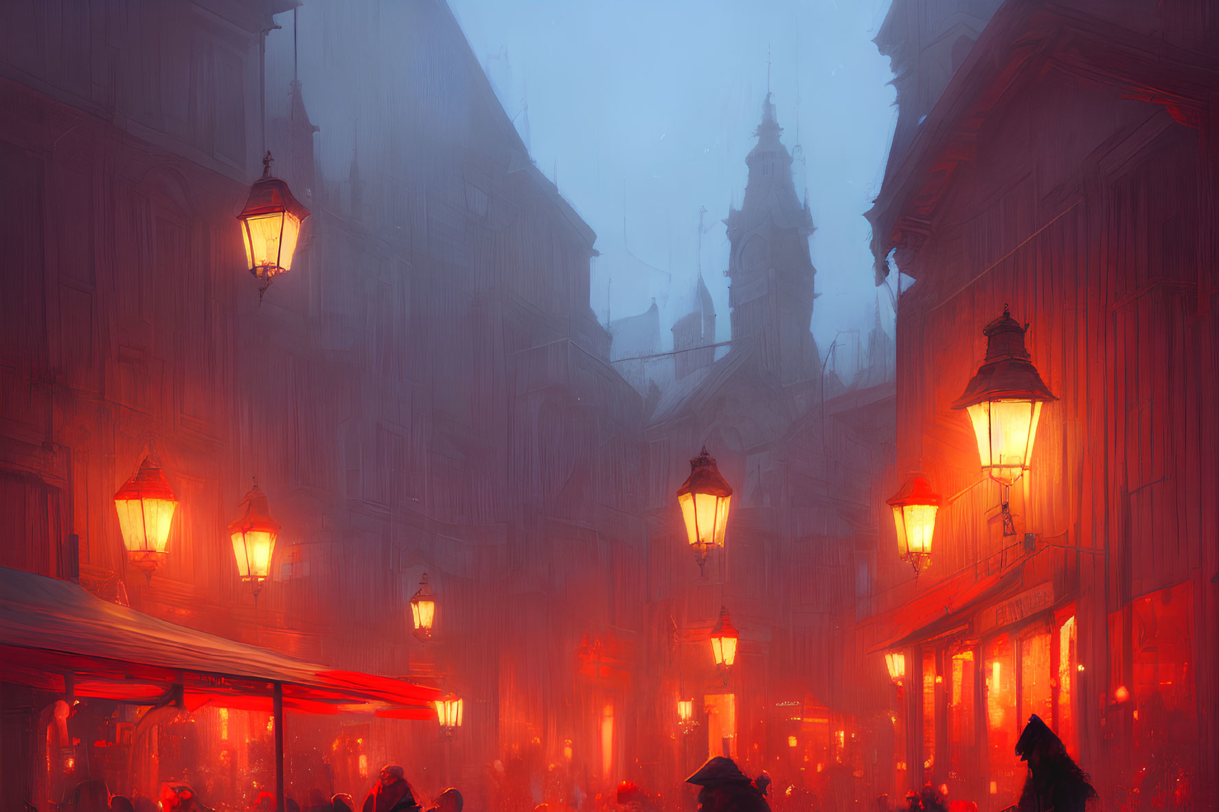 Misty European Street Scene with Red Lantern Glow