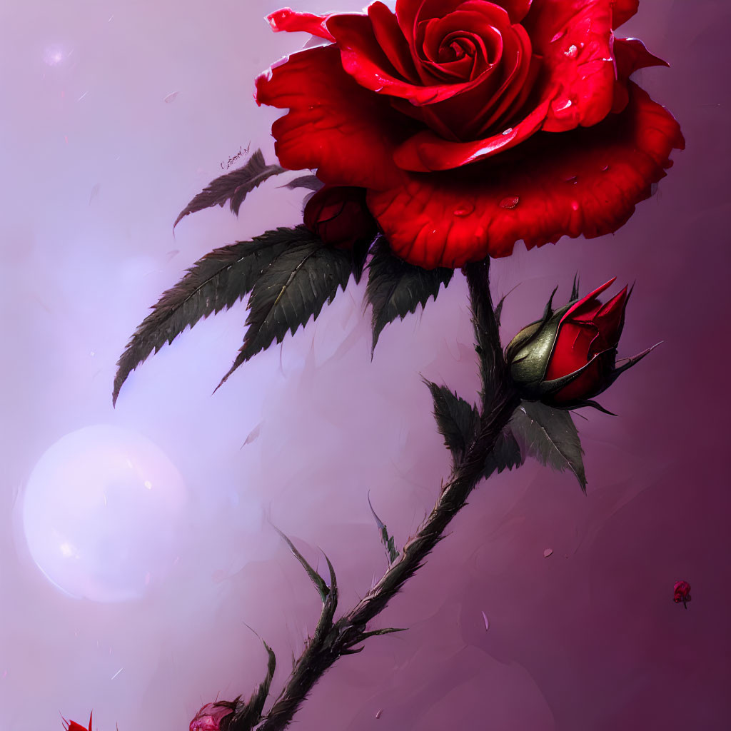 Red rose with dewdrops next to budding rose on soft purple background.