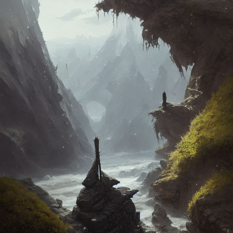 Mystical river valley with cliffs, lone figure, misty mountains