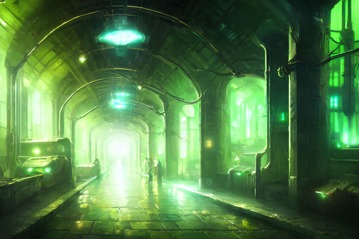 Futuristic green-lit underground corridor with arches and silhouettes