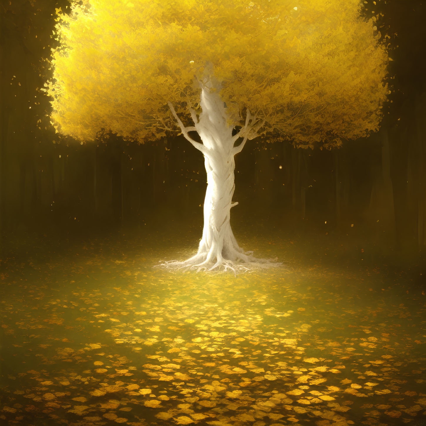 Ethereal white tree with vibrant yellow leaves in serene forest clearing