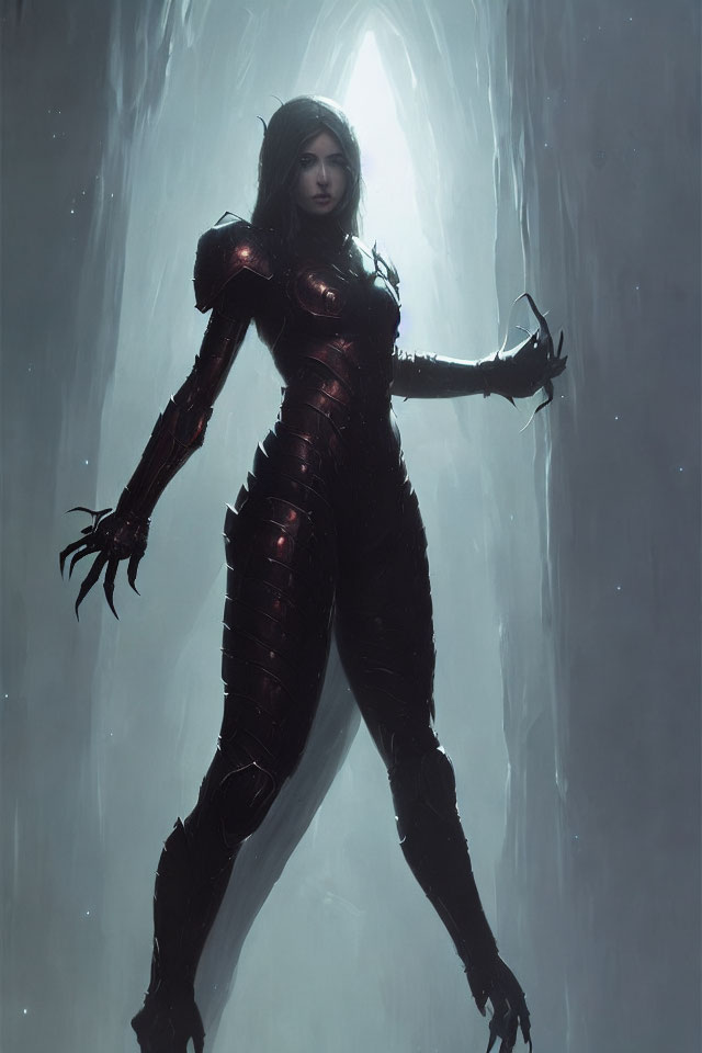 Female figure in dark armor with elongated claws in misty environment