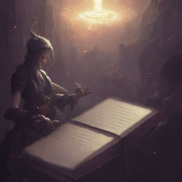 White-Haired Warrior Reading Tome in Dimly Lit Chamber