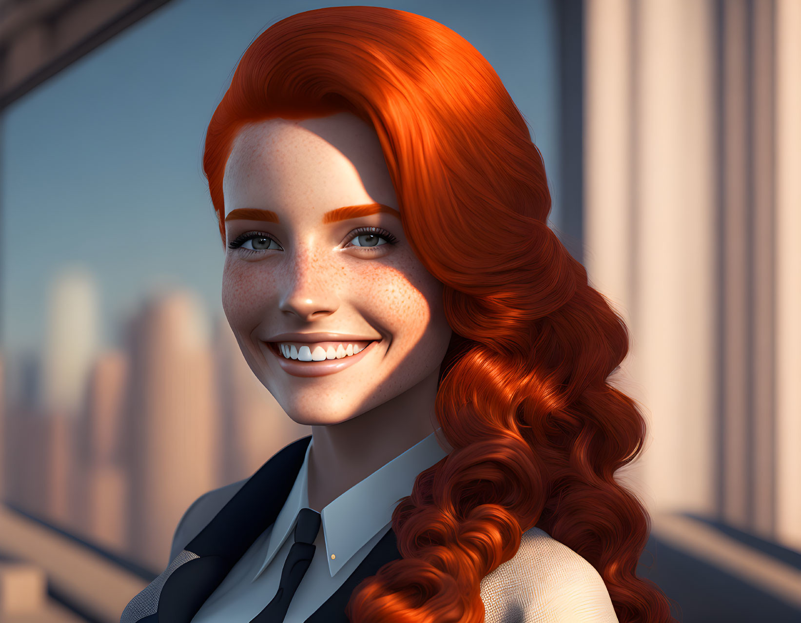 Smiling woman with red hair in formal attire by window with cityscape reflections