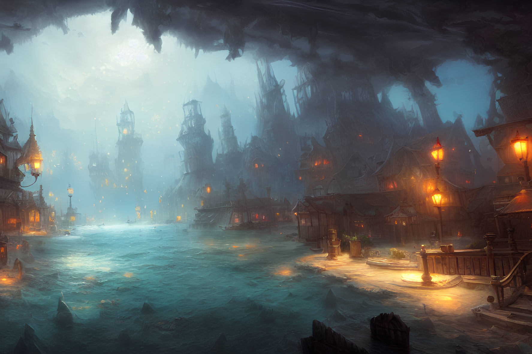 Mystical harbor with lanterns, spires, and moonlit river