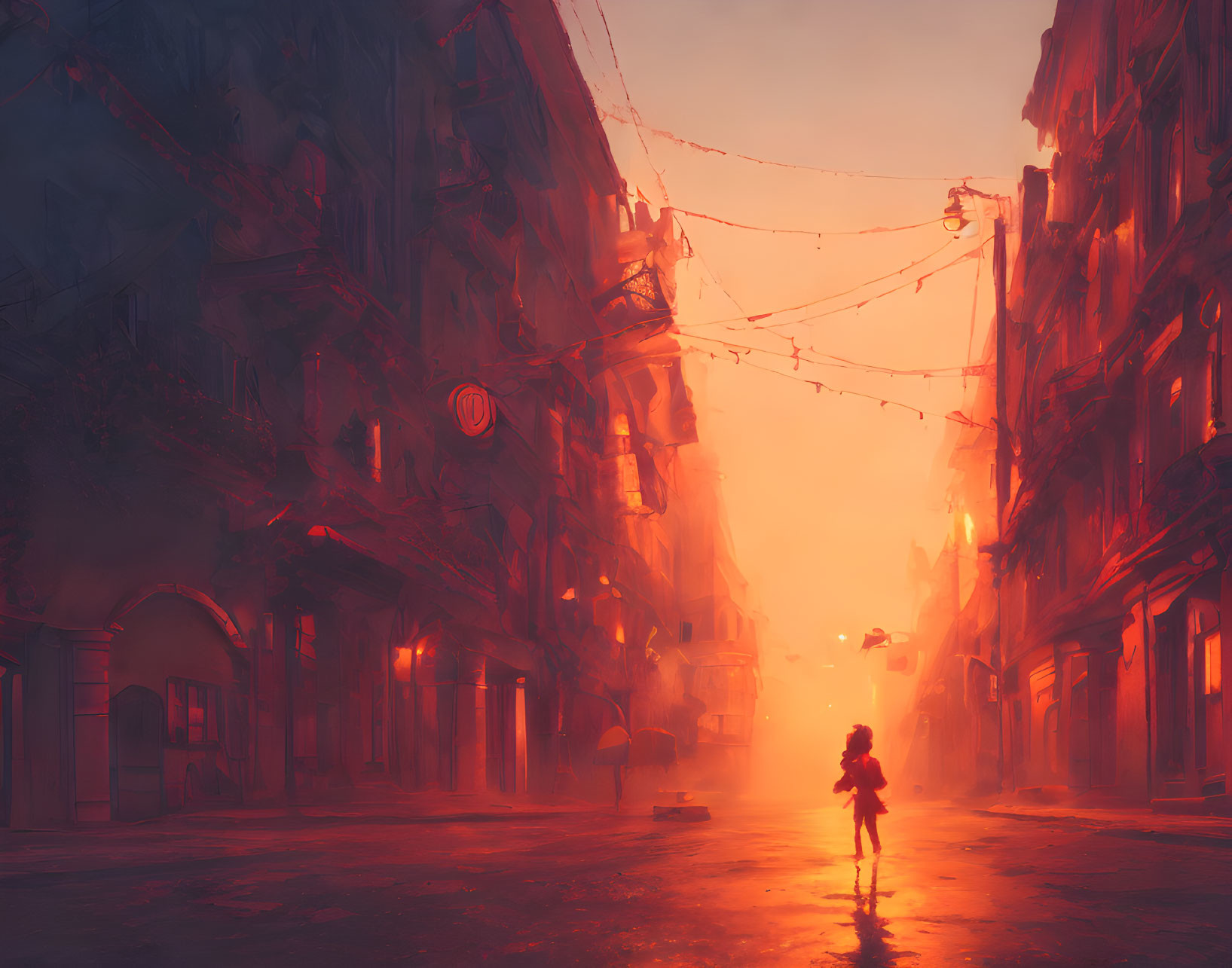 Deserted dystopian city street at sunset with solitary figure.