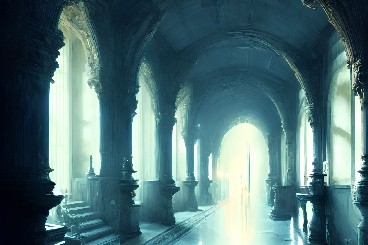 Gothic corridor with arched ceilings and bright light