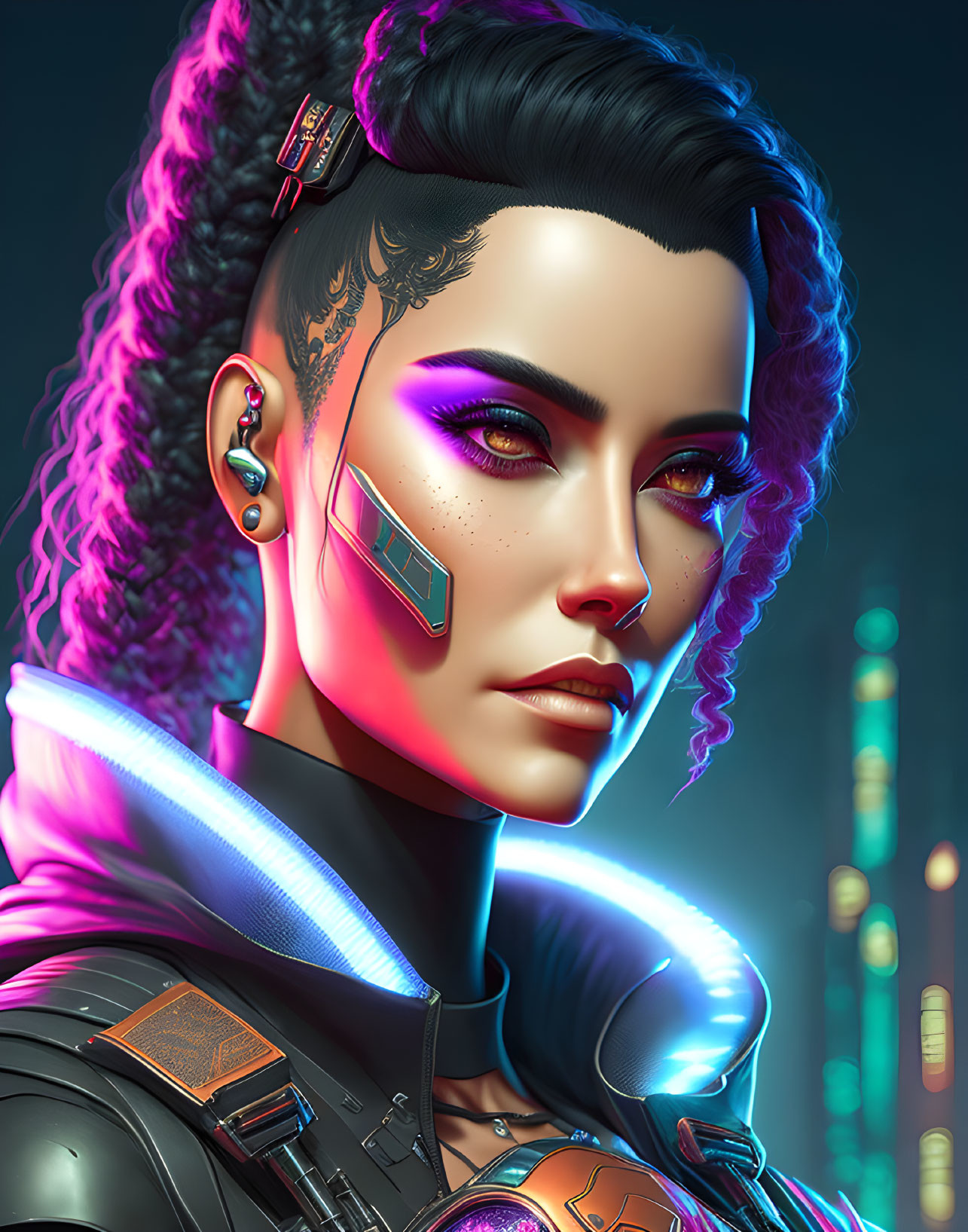 Detailed illustration: Woman with cybernetic enhancements, purple eye makeup, tattoos, in neon-lit