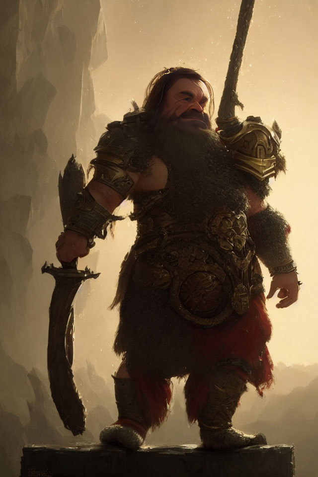 Fantasy dwarf warrior with hammer in detailed armor against misty background