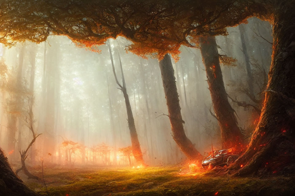 Misty enchanted forest with moss-covered ground and glowing red trees