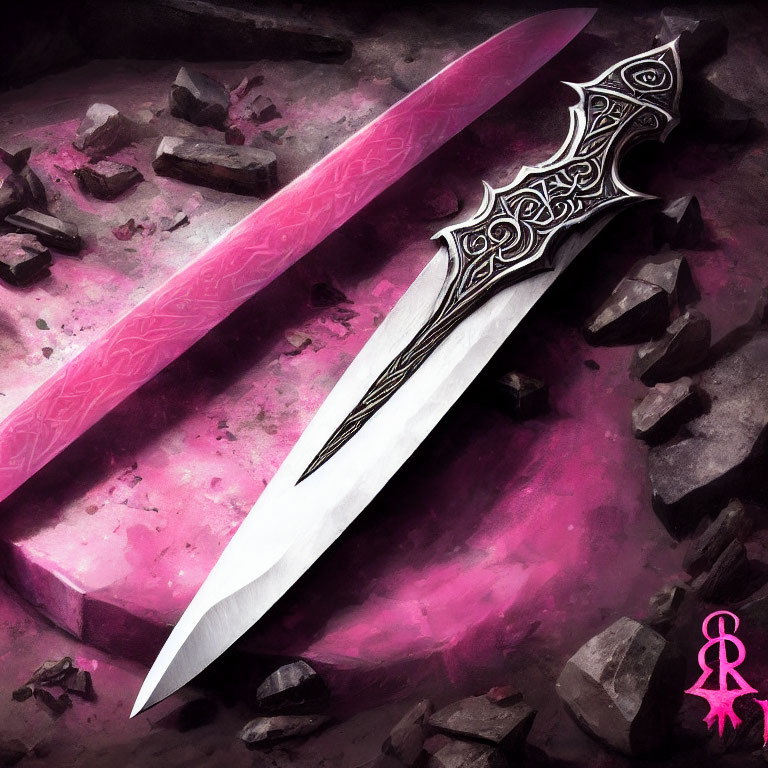 Fantasy-style ornate dagger with pink glowing blade and intricate handle on dark, broken stones