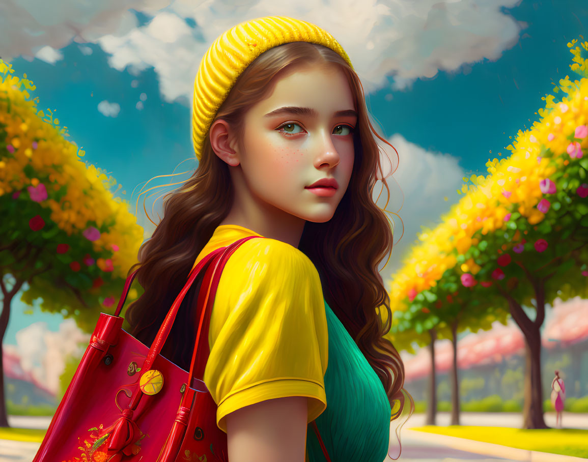 Young girl with brown hair in yellow beanie and red bag against vibrant greenery and yellow trees.