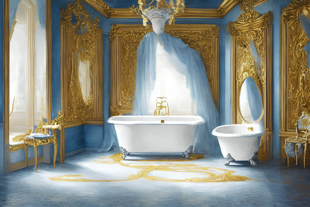 Luxurious Gold and Blue Bathroom Decor with Classic Fixtures and Chandelier