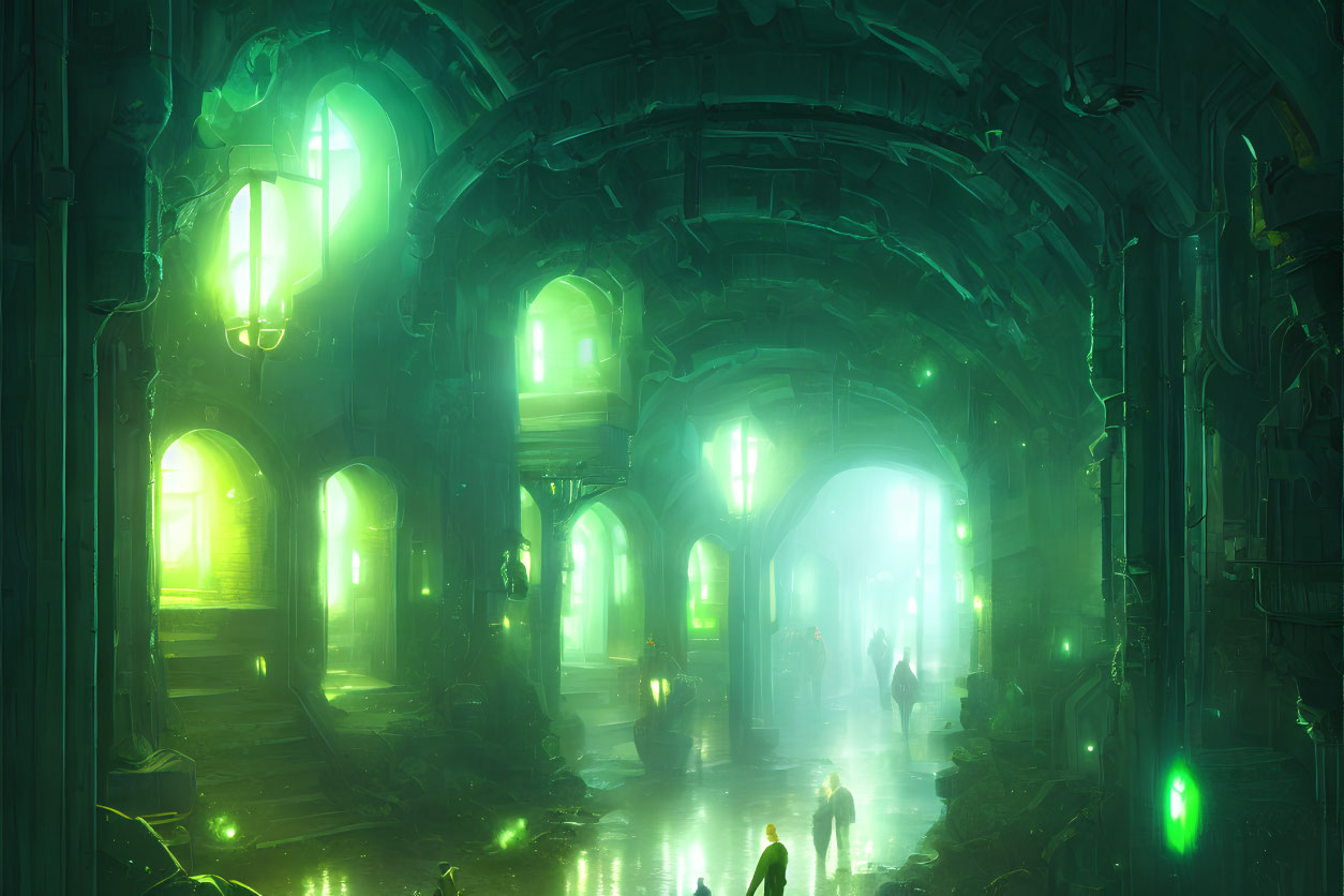 Mystical underground chamber with green lighting, gothic arches, glowing lanterns, and wandering