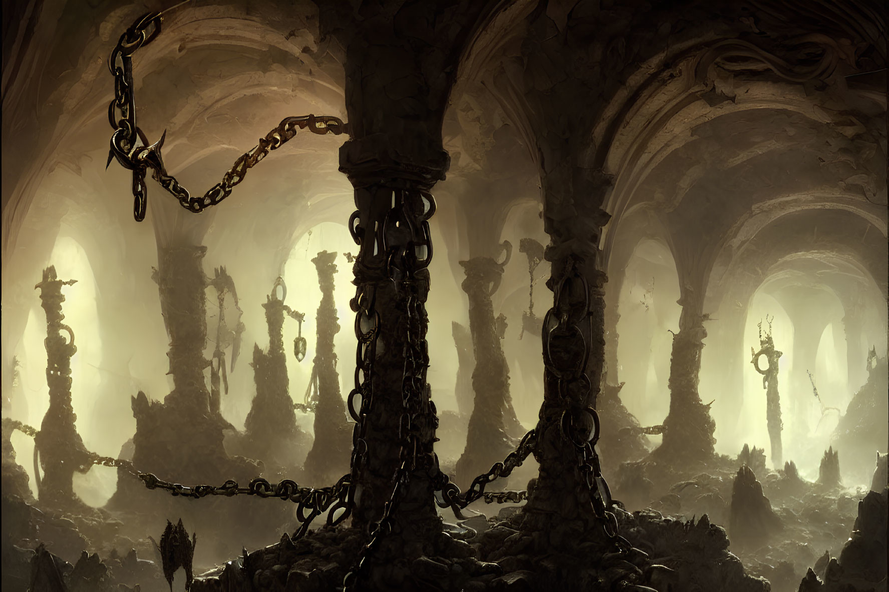 Misty underground cavern with towering pillars and gothic architecture