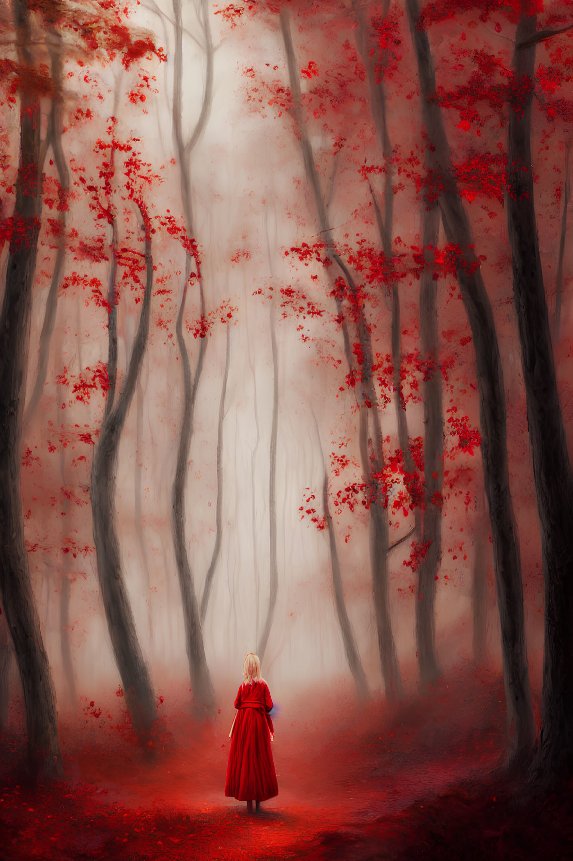 Person in Red Cloak in Mystical Forest with Red Leaves and Dark Tree Trunks