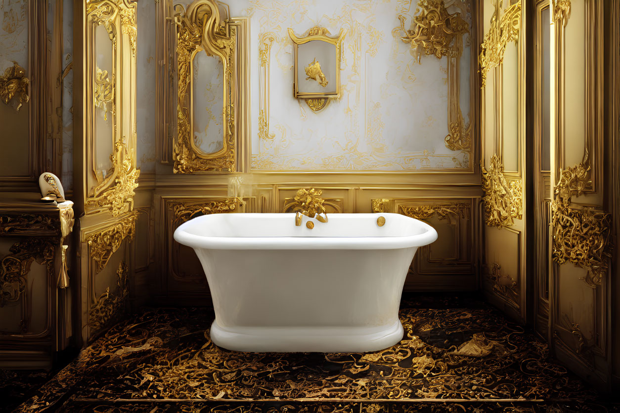 Luxurious Bathroom with Gold-Trimmed Walls and White Bathtub