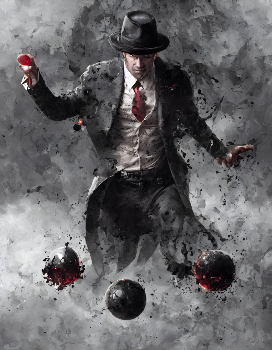 Man in Fedora and Suit Dodges Exploding Billiard Balls