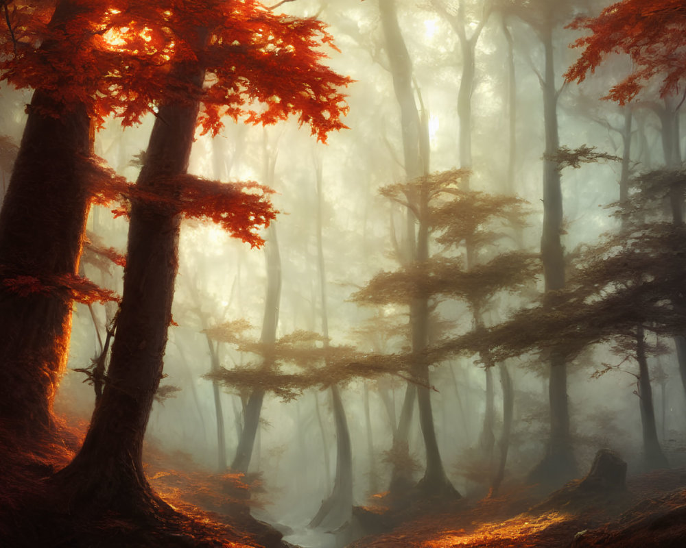 Enchanting forest scene with sunlight through fog and autumn leaves