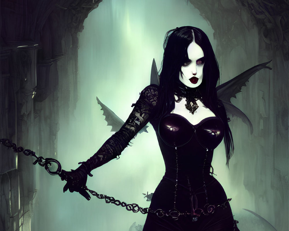 Gothic style female figure with black hair and wings in dark attire holding a chain