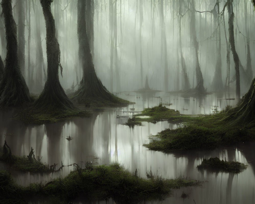 Ethereal misty swamp with towering trees and reflective water