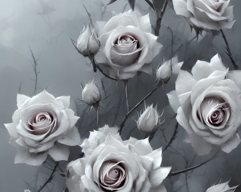 Monochromatic roses with blooming and budding flowers on muted background