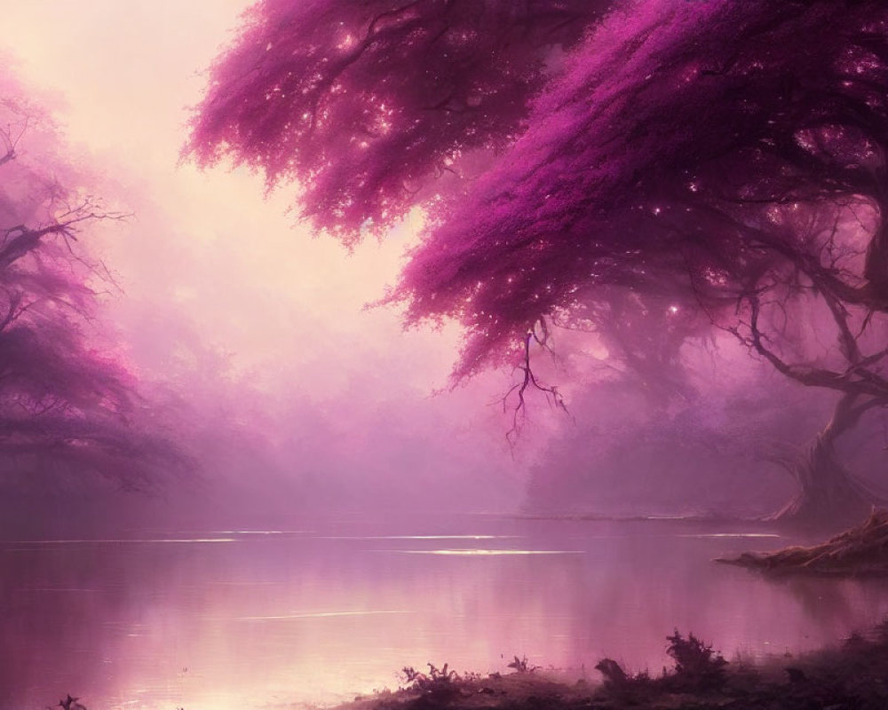 Mystical Purple Forest with Serene River and Vibrant Foliage