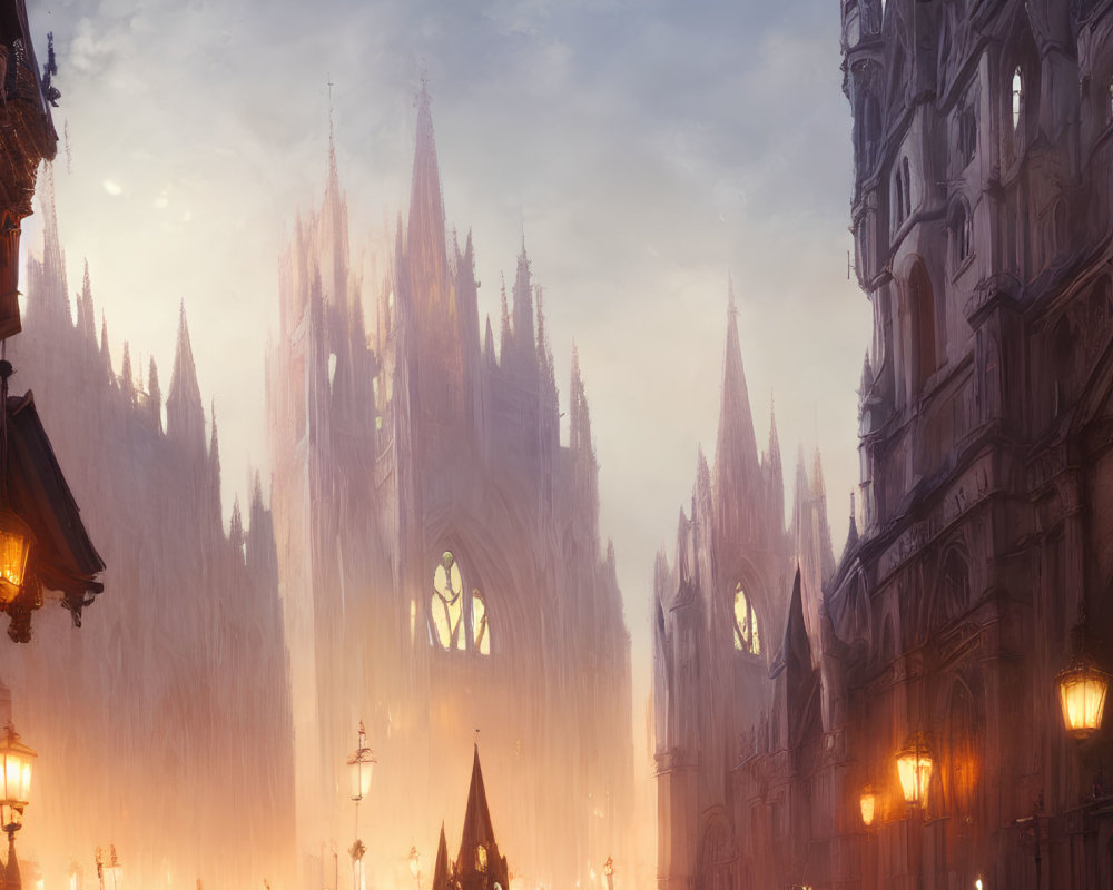 Mystical city with towering Gothic spires in golden mist