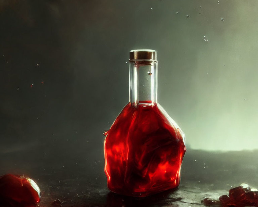 Red Luminescent Potion in Glass Bottle with Stopper and Crimson Crystals