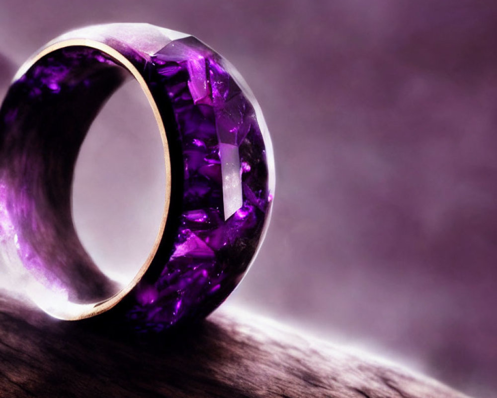 Purple Gemstone Ring on Gold Band Against Wooden Surface & Purple Background