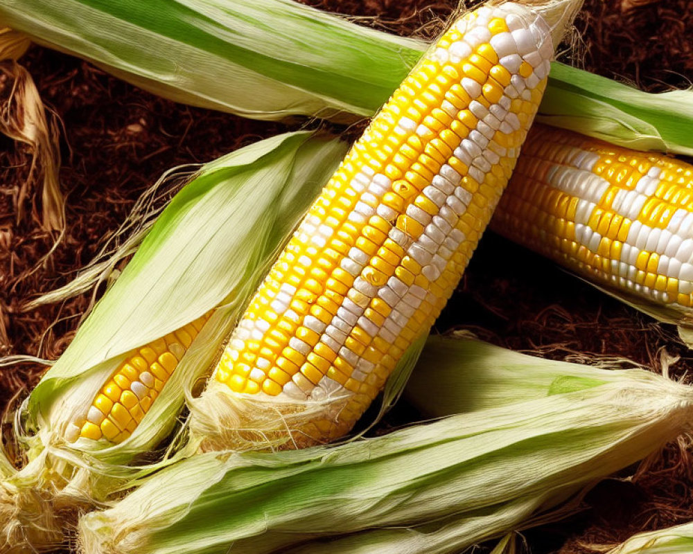 Fresh yellow and white corn kernels with husks and silk.