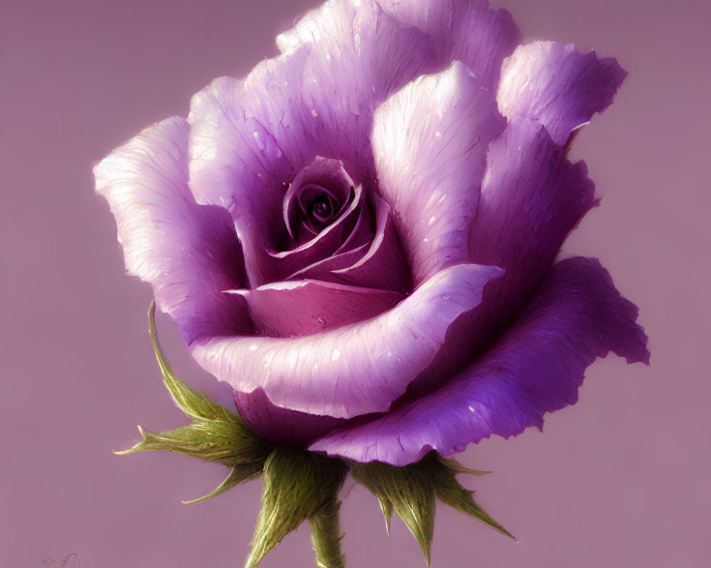 Purple rose with soft petals on pale pink background.