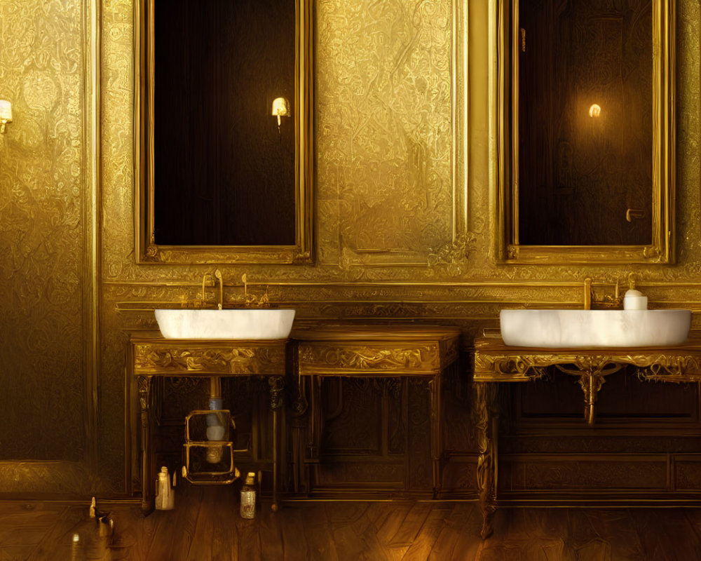 Opulent Vintage Bathroom with Golden Walls and Ornate Vanities