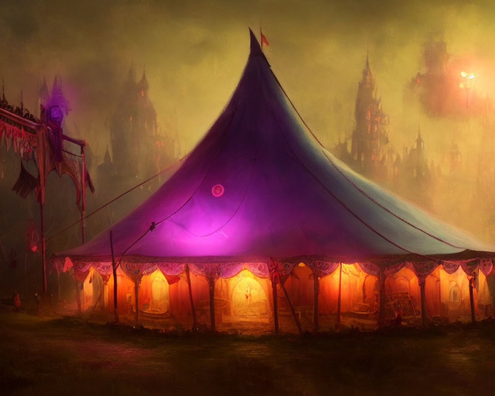 Fantasy illustration of ornate circus tent in dark landscape