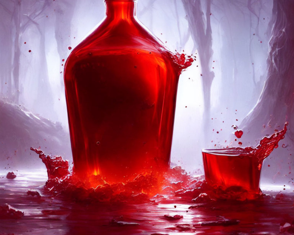 Vibrant red bottle and cup with splashing liquid in misty forest setting