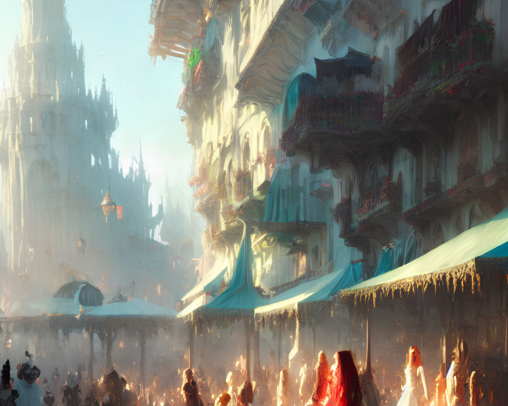 Medieval fantasy market with glowing orbs and towering spires