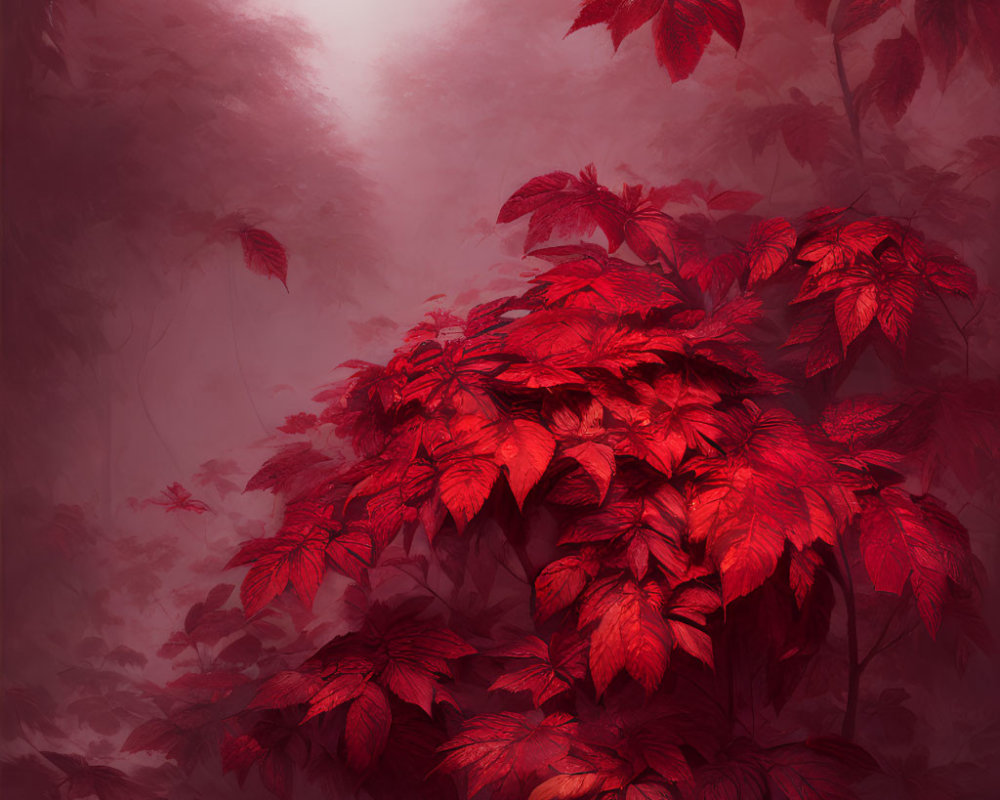 Vibrant red foliage with detailed leaves on misty red backdrop