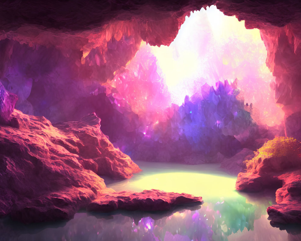 Fantasy Cave with Radiant Opening and Crystal Formations