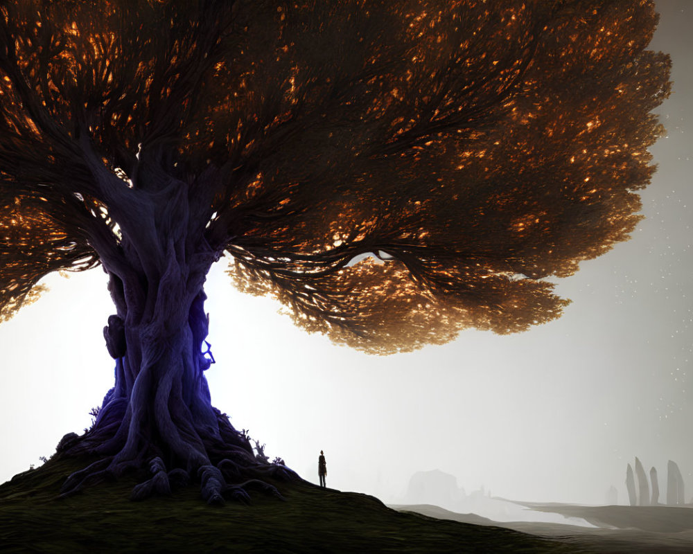 Fantastical tree with glowing leaves in otherworldly landscape