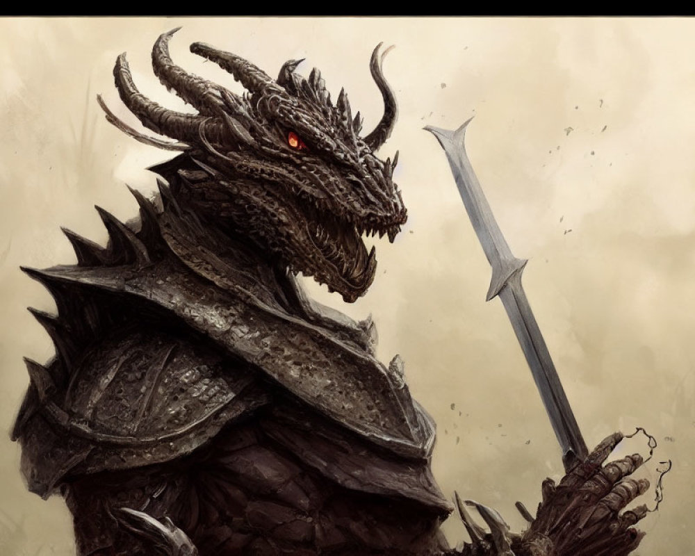 Dragon creature in armor with large sword and red eyes