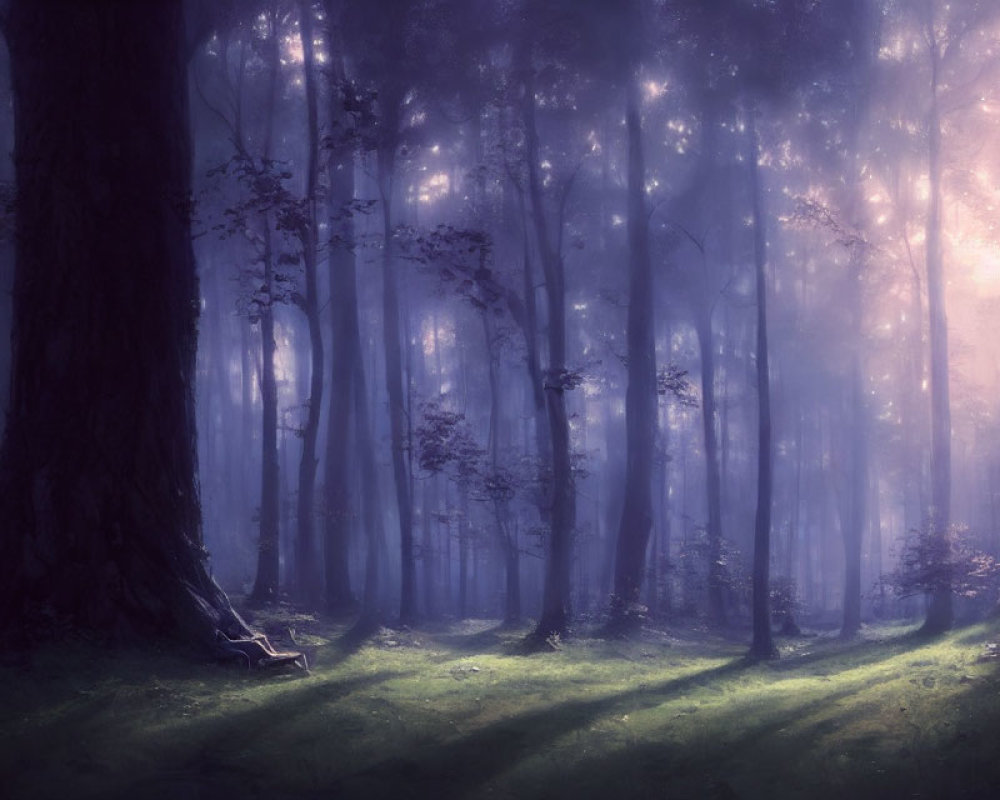 Tranquil forest scene with purple light filtering through trees