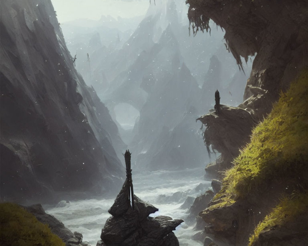 Mystical river valley with cliffs, lone figure, misty mountains