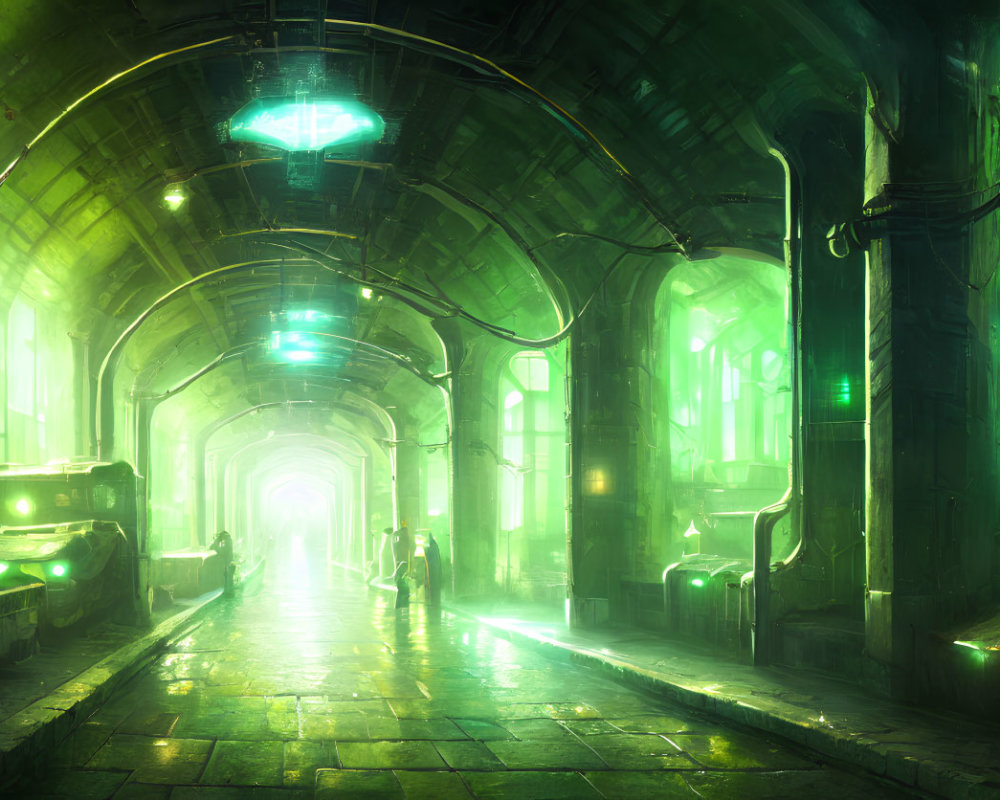 Futuristic green-lit underground corridor with arches and silhouettes