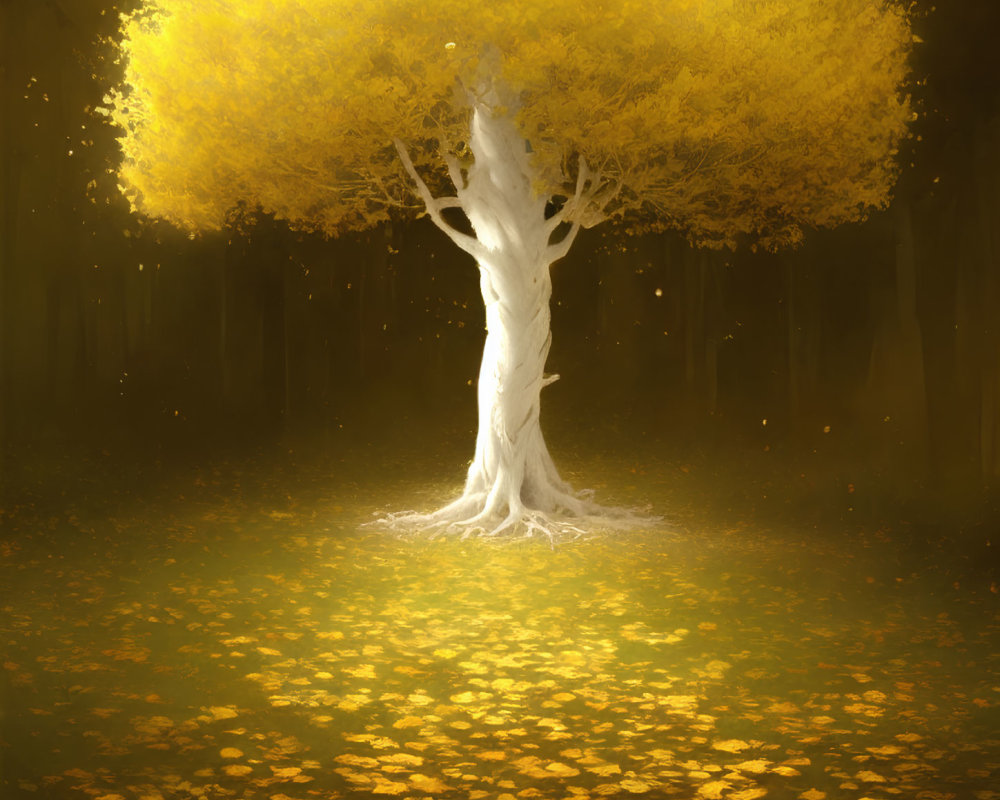 Ethereal white tree with vibrant yellow leaves in serene forest clearing